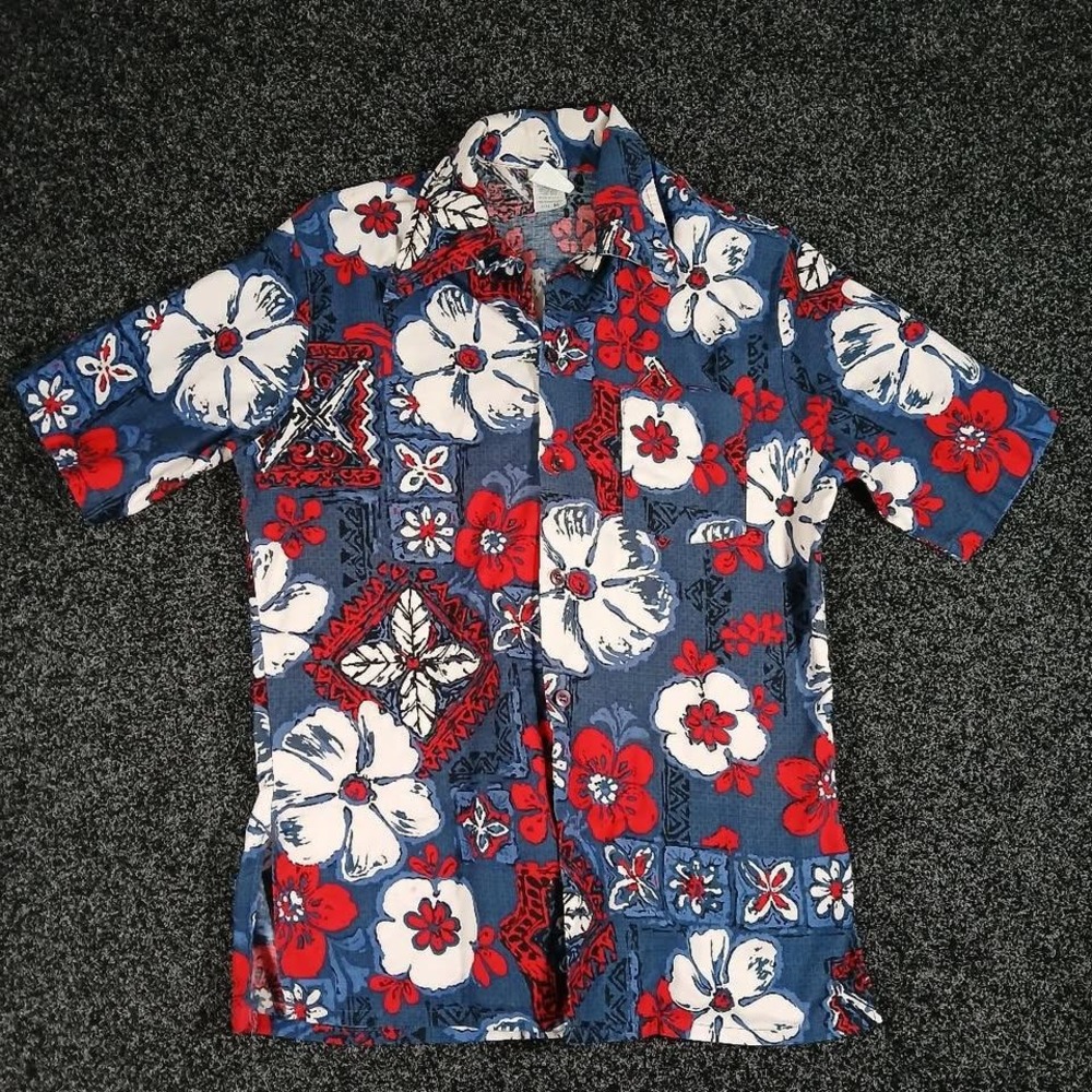 Vintage Kona Kai Jantzen Hawaiian Shirt Mens Medium Blue Red Floral Hibiscus USA